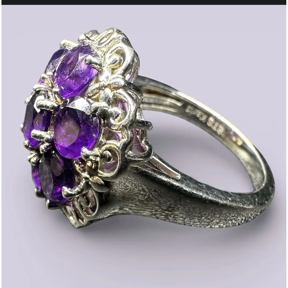 Sterling Silver‎ STS Karis Purple Gemstone Cluster Filigree Statement Ring 6.75